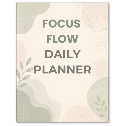 Cover of a 'Focus Flow Daily Planner' with abstract designs on a light background