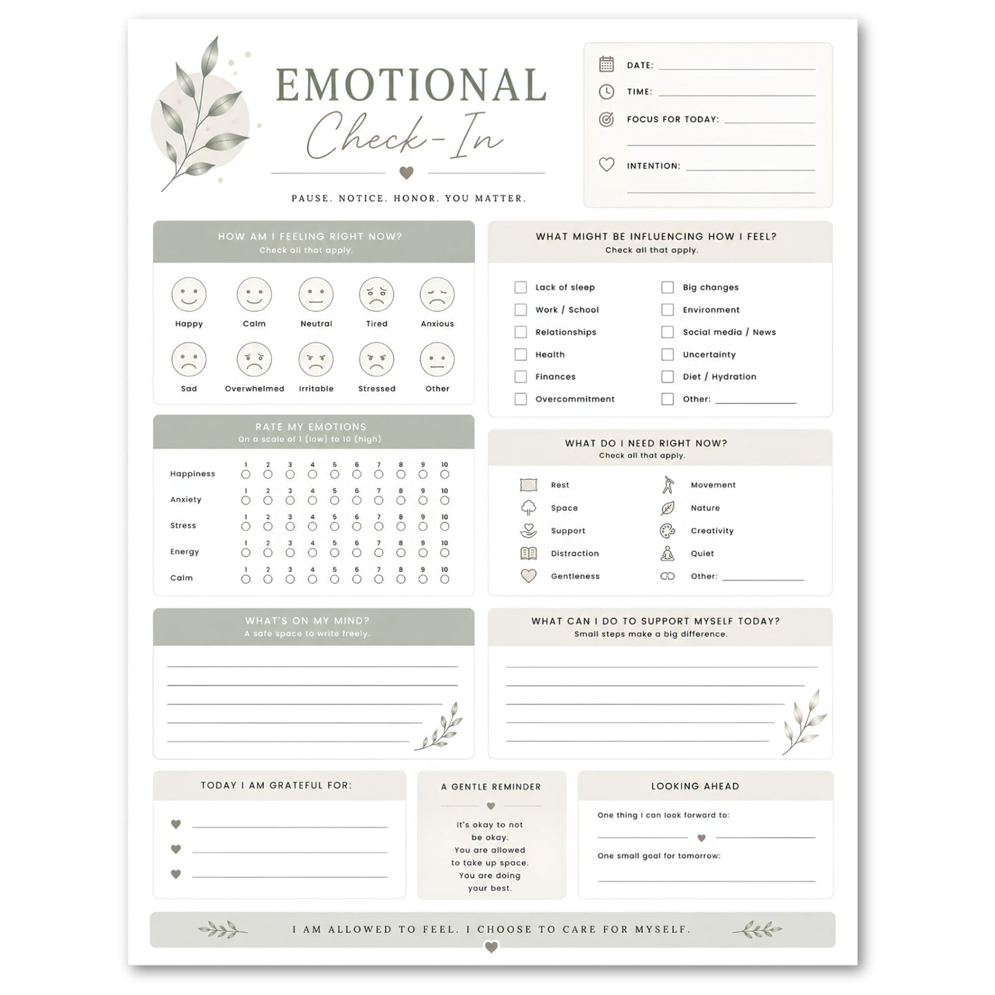 Emotional check-in sheet with various fields for self-reflection on a white background