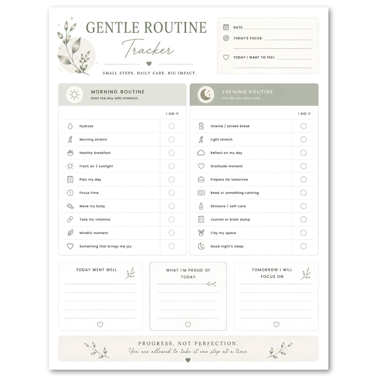 Gentle Routine Tracker with morning and evening routines on a white background