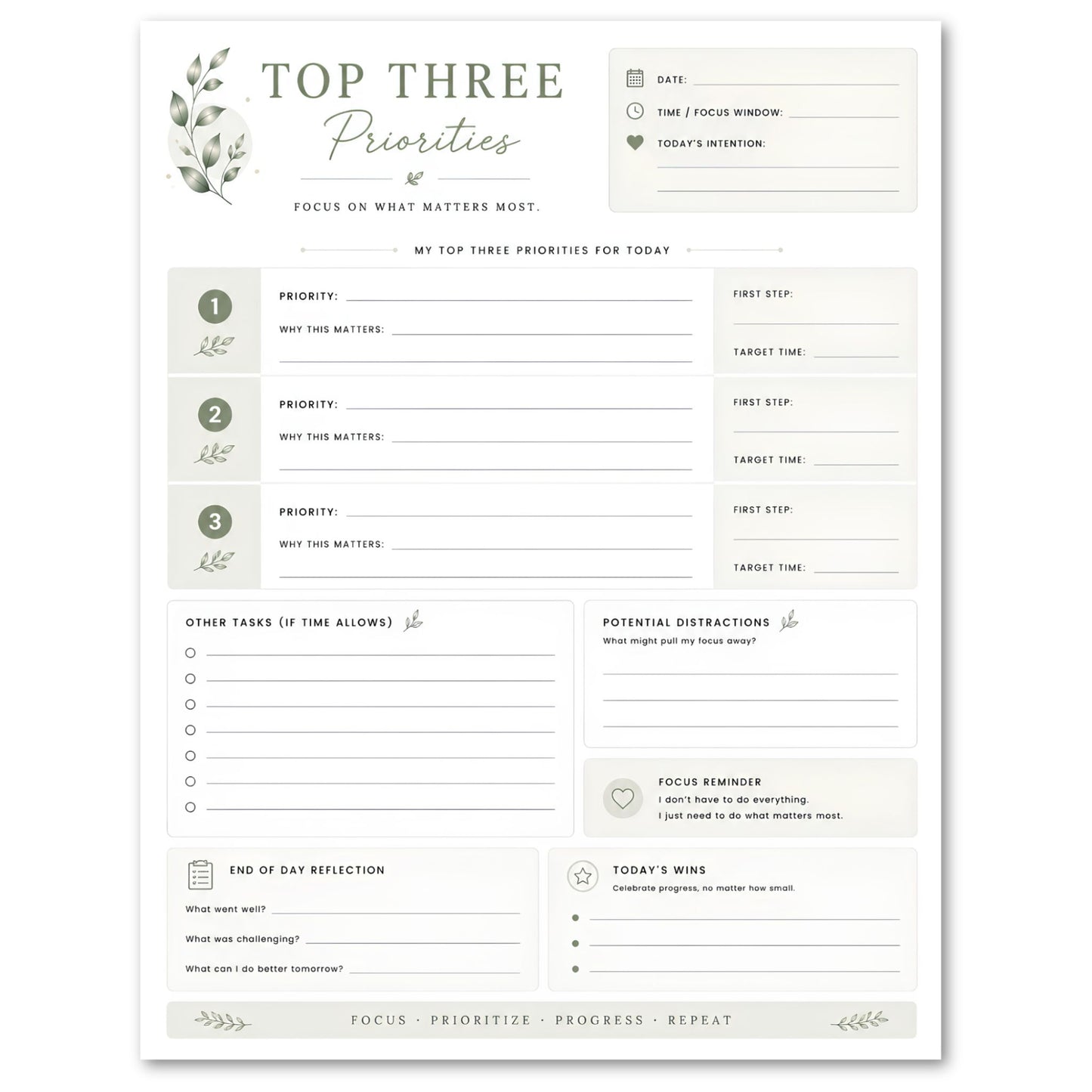 Printable productivity sheet titled 'Top Three Priorities' with a minimalistic design.