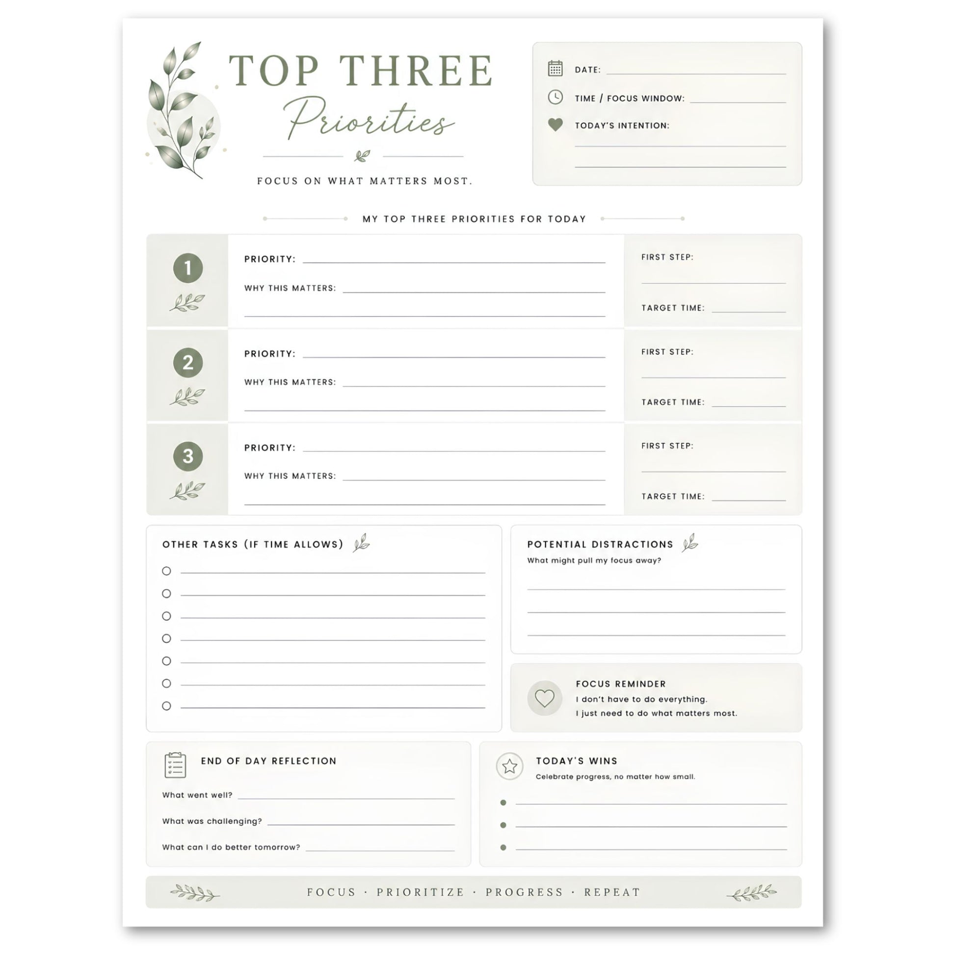 Printable productivity sheet titled 'Top Three Priorities' with a minimalistic design.