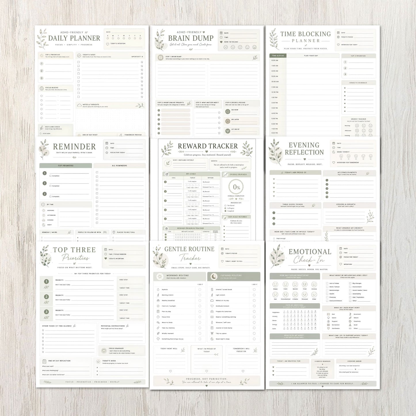 Set of daily planner sheets on a wooden surface
