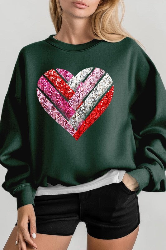 Forest Green Faux Sequins Striped Heart Graphic Sweatshirt
