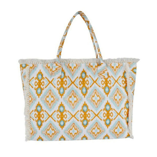 Patterned tote bag with a white background
