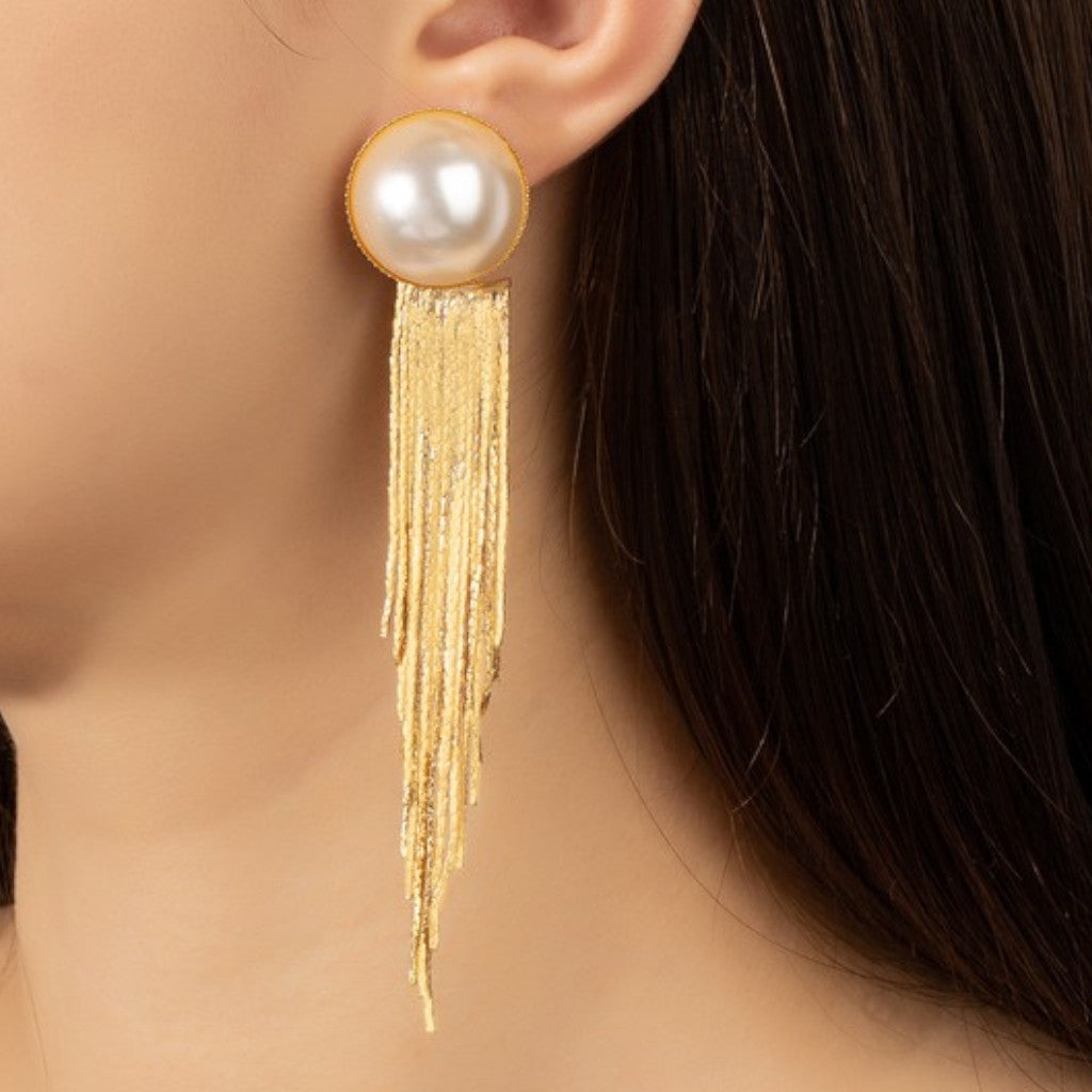 Front and Back Pearl with Cobra Chain Tassel Drop Earrings on ear