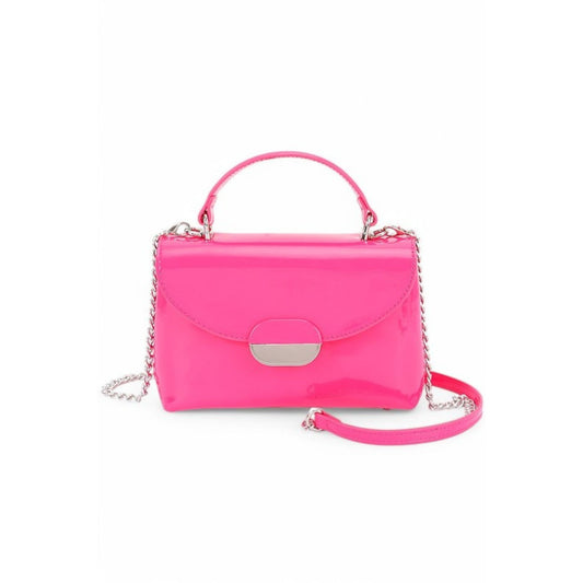 Neon pink handbag with a chain detail on a white background