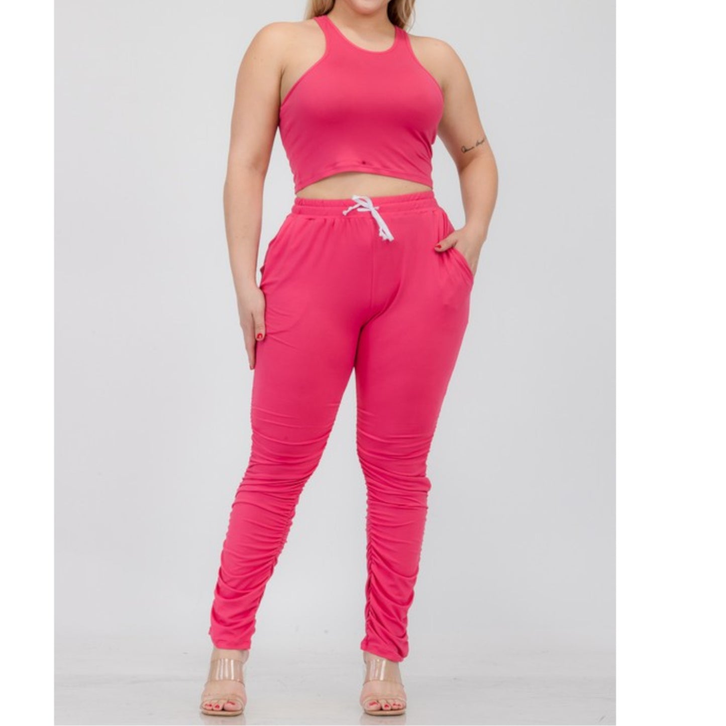 Fuchsia Plus Size Crop Tank Top & Ruched Pants Set Front view