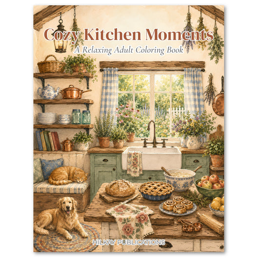 Front cover of the book 'Cozy Kitchen Moments: A Relaxing Adult Coloring Book' by Hilkay Publications, featuring a detailed illustration of a cozy, rustic kitchen with a sleeping golden retriever dog, a warm cat on a bench, pies and pastries on a table, blue gingham curtains, and shelves filled with dishes and plants.