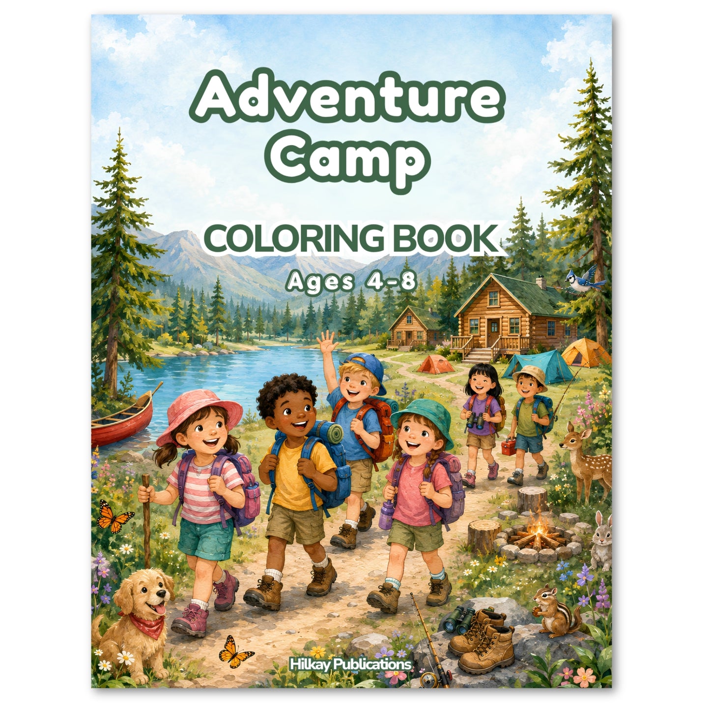 Front cover of the 'Adventure Camp Coloring Book' by Hilkay Publications, featuring a colorful illustration of children hiking near a campfire and lake.
