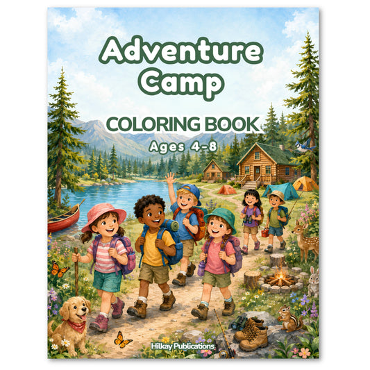 Front cover of the 'Adventure Camp Coloring Book' by Hilkay Publications, featuring a colorful illustration of children hiking near a campfire and lake.