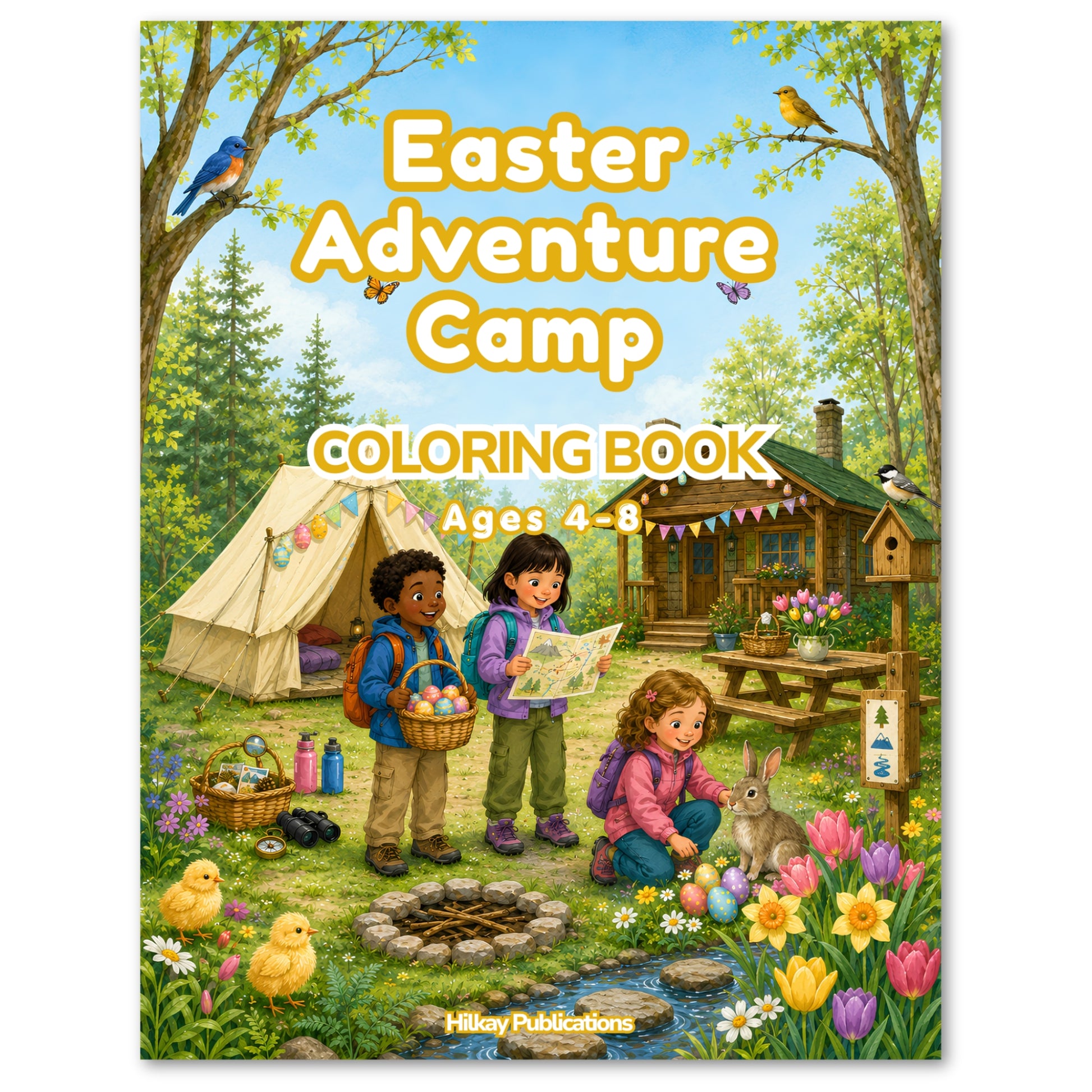 Front cover of the 'Easter Adventure Camp Coloring Book' by Hilkay Publications, featuring a colorful, whimsical illustration of children camping outdoors with a tent, cabin, basket, and Easter eggs.