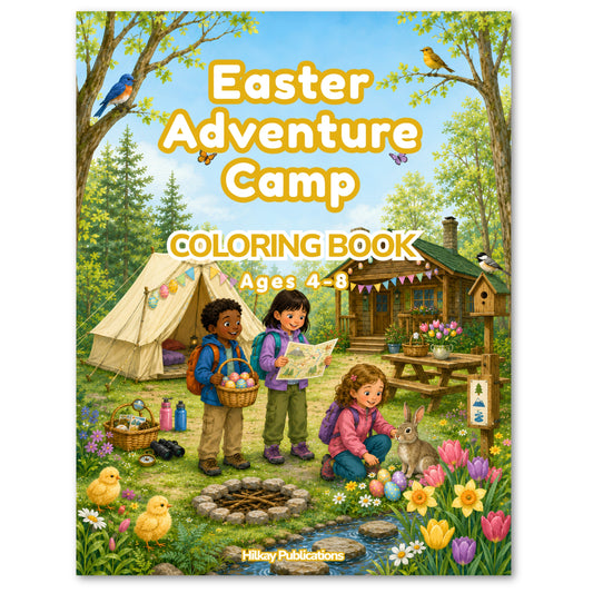 Front cover of the 'Easter Adventure Camp Coloring Book' by Hilkay Publications, featuring a colorful, whimsical illustration of children camping outdoors with a tent, cabin, basket, and Easter eggs.
