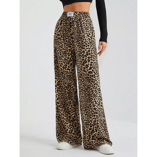 Leopard print wide-leg pants worn by a person on a white background