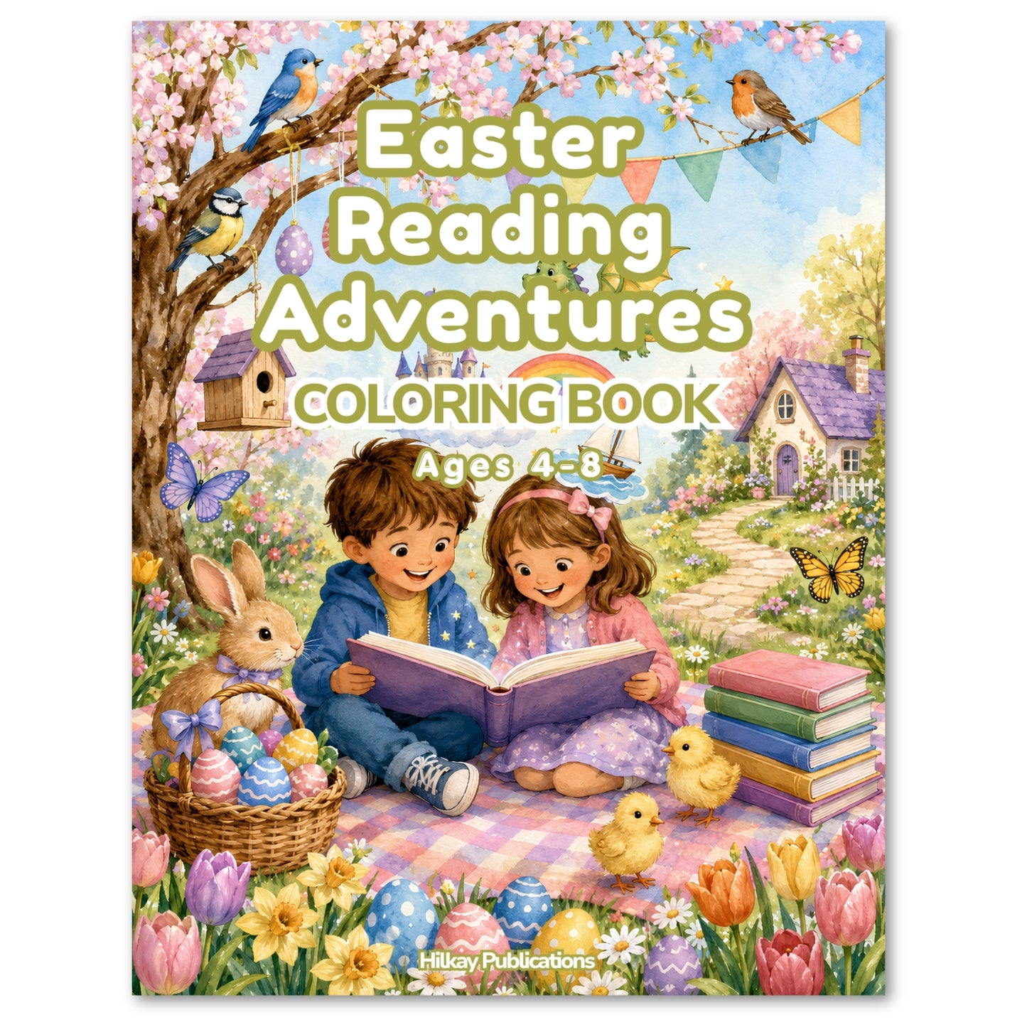 Easter Reading Adventures Coloring Book cover by Hillary Publications, featuring a colorful illustration of a boy and girl reading in a spring garden with bunnies, chicks, flowers, and Easter eggs.