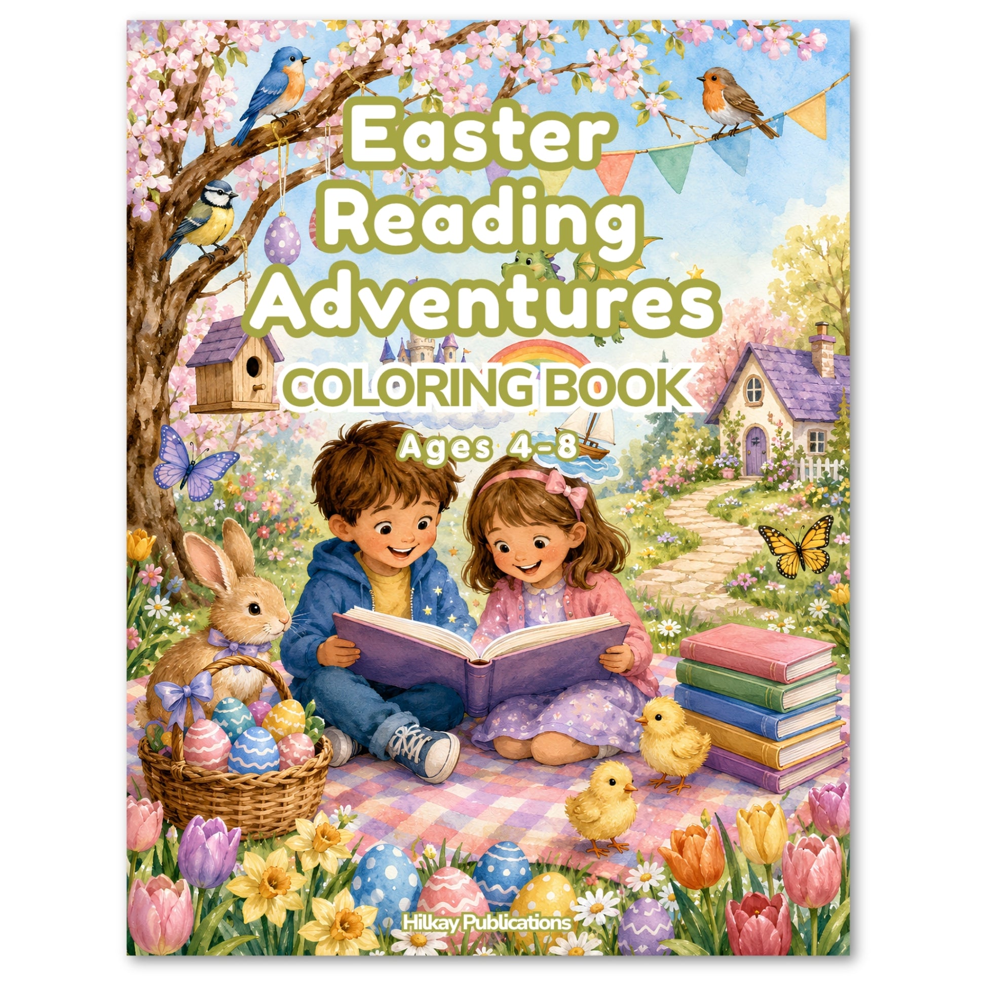 Easter Reading Adventures Coloring Book cover by Hillary Publications, featuring a colorful illustration of a boy and girl reading in a spring garden with bunnies, chicks, flowers, and Easter eggs.