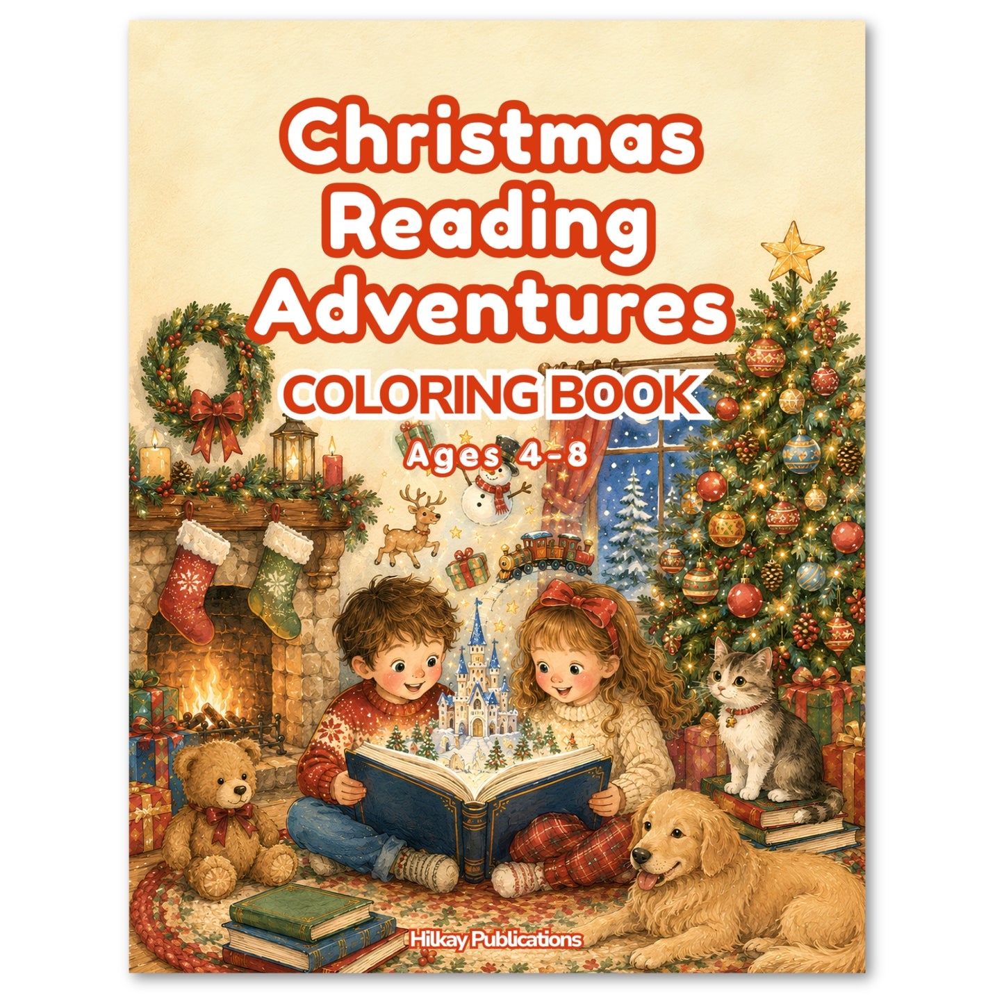 Front cover of the children's coloring book titled "Christmas Reading Adventures" with the subtitle "Coloring Book" and "Ages 4-8." The cover shows a festive Christmas scene with two children reading a book by a fireplace, a Christmas tree, stockings, gifts, and a dog.