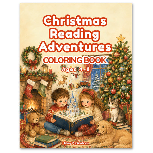 Front cover of the children's coloring book titled "Christmas Reading Adventures" with the subtitle "Coloring Book" and "Ages 4-8." The cover shows a festive Christmas scene with two children reading a book by a fireplace, a Christmas tree, stockings, gifts, and a dog.