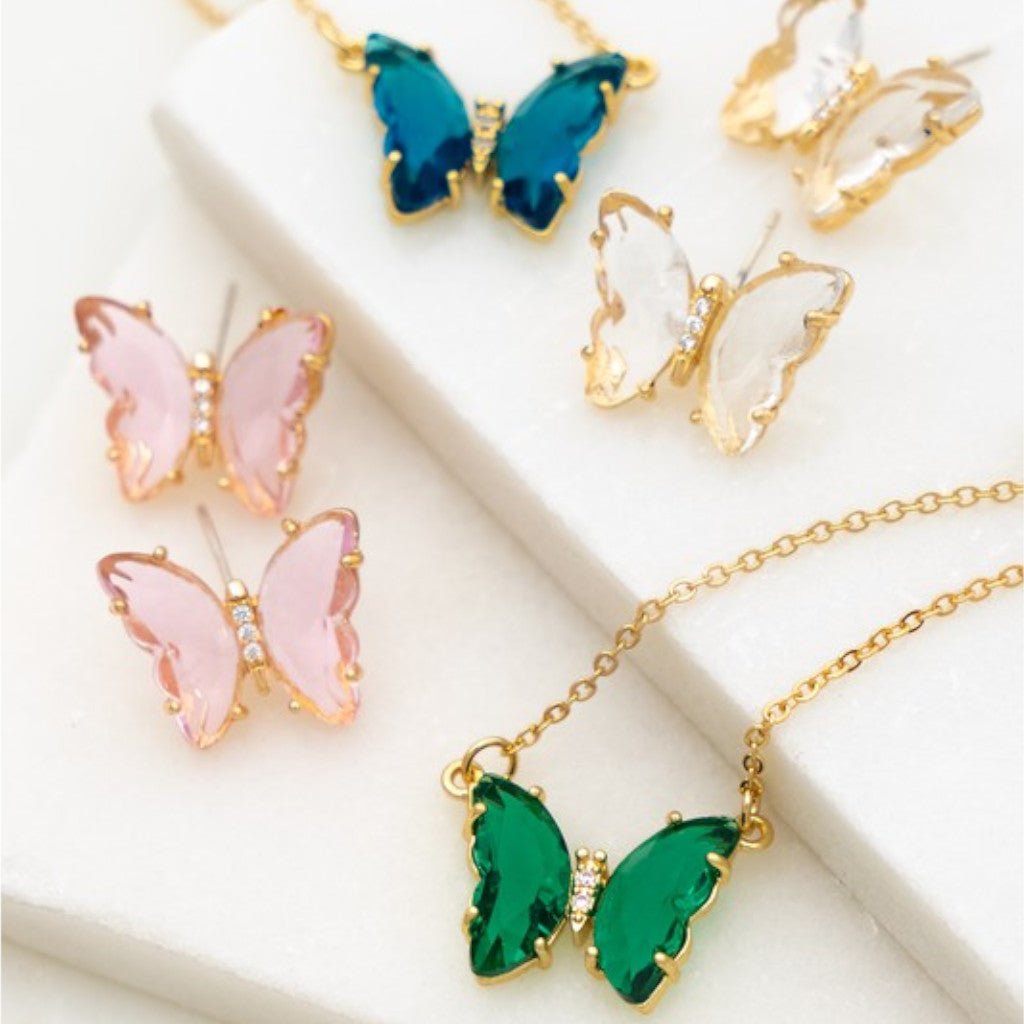 Gem Stone Butterfly Pendant Necklace