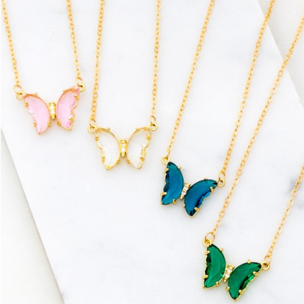 Gem Stone Butterfly Pendant Necklace with four necklaces