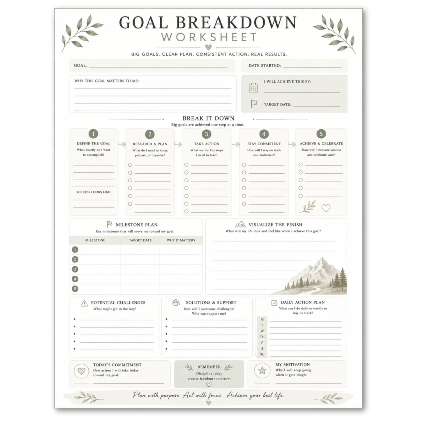 Goal Breakdown Worksheet with a mountain illustration on a white background