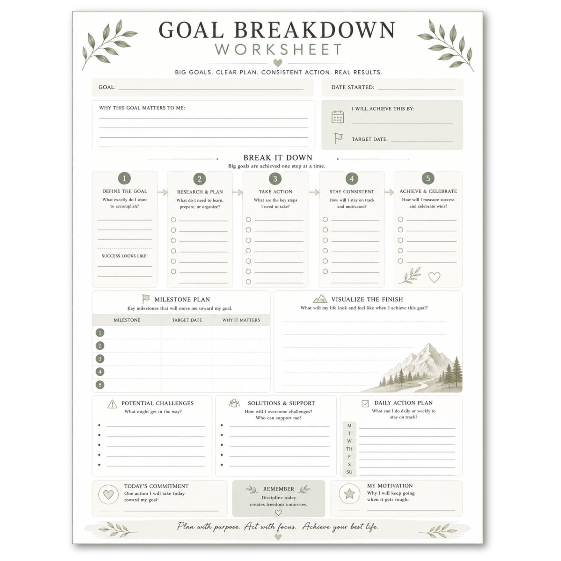 Goal Breakdown Worksheet with a mountain illustration on a white background