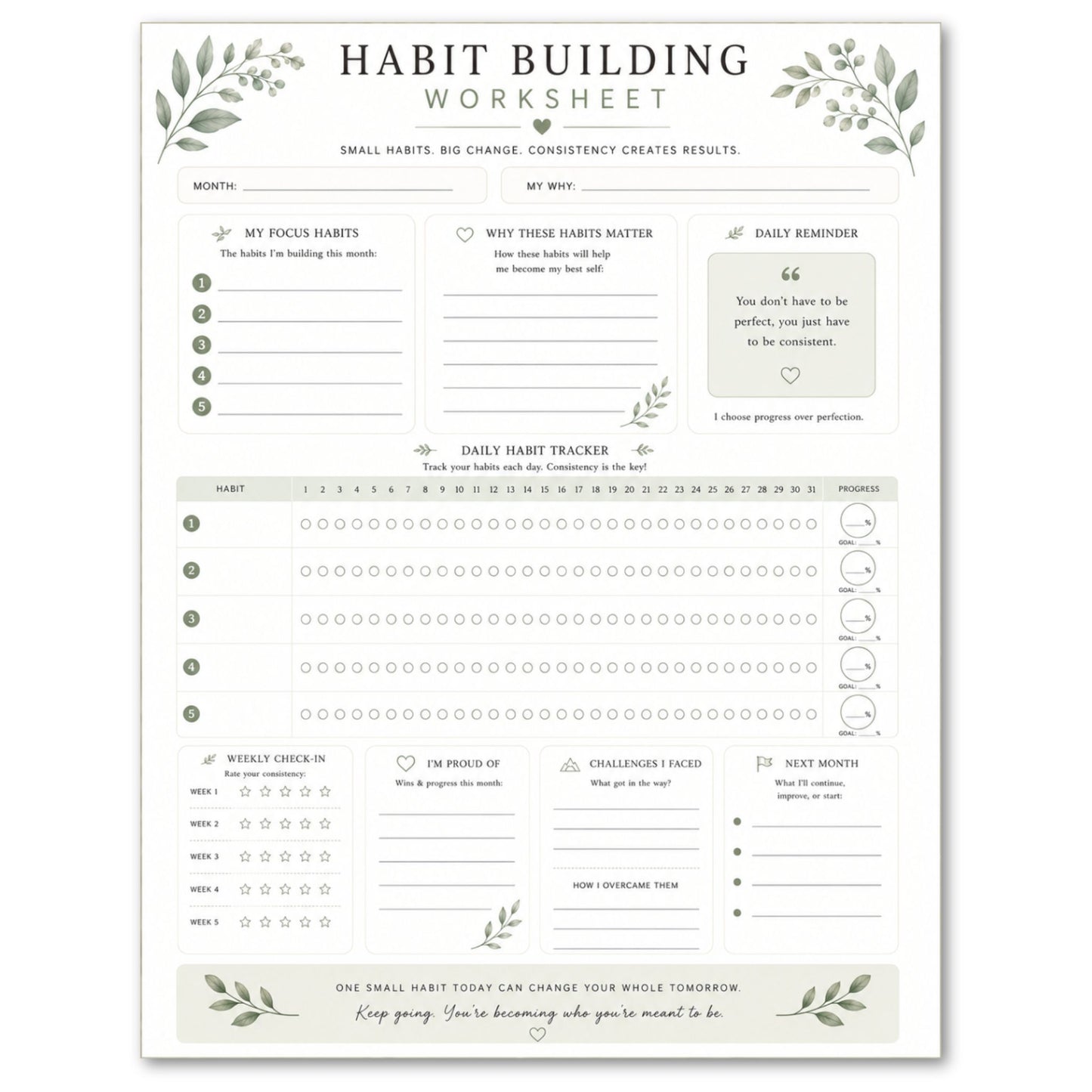 Habit building worksheet with green leaf designs on a white background