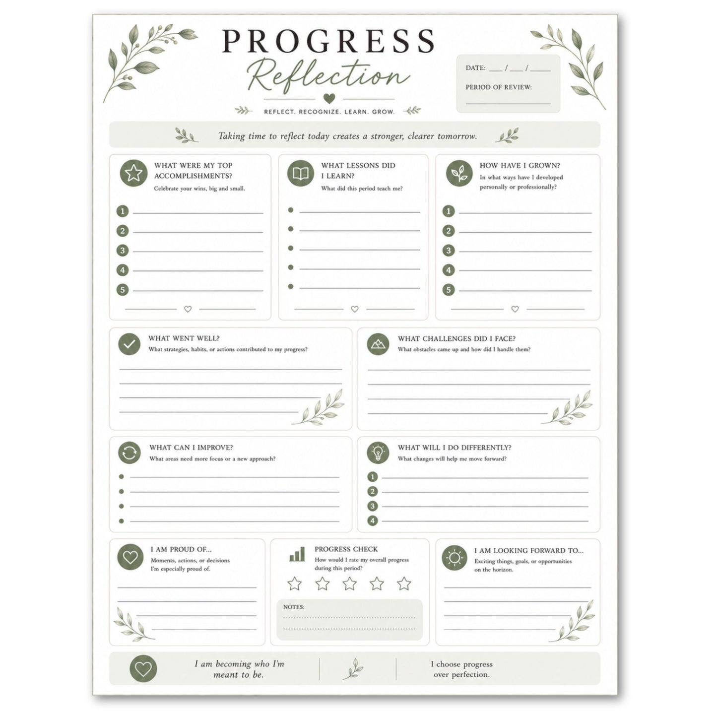 Progress Reflection worksheet with green decorative elements on a white background