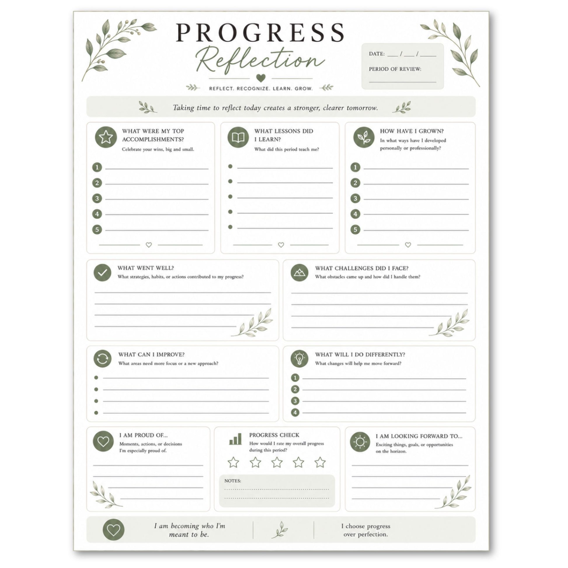 Progress Reflection worksheet with green decorative elements on a white background