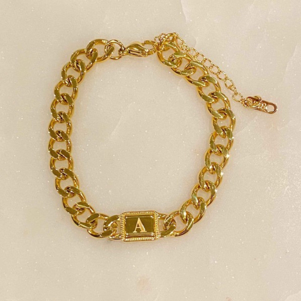 Gold Cuban Chain A Initial Bracelet