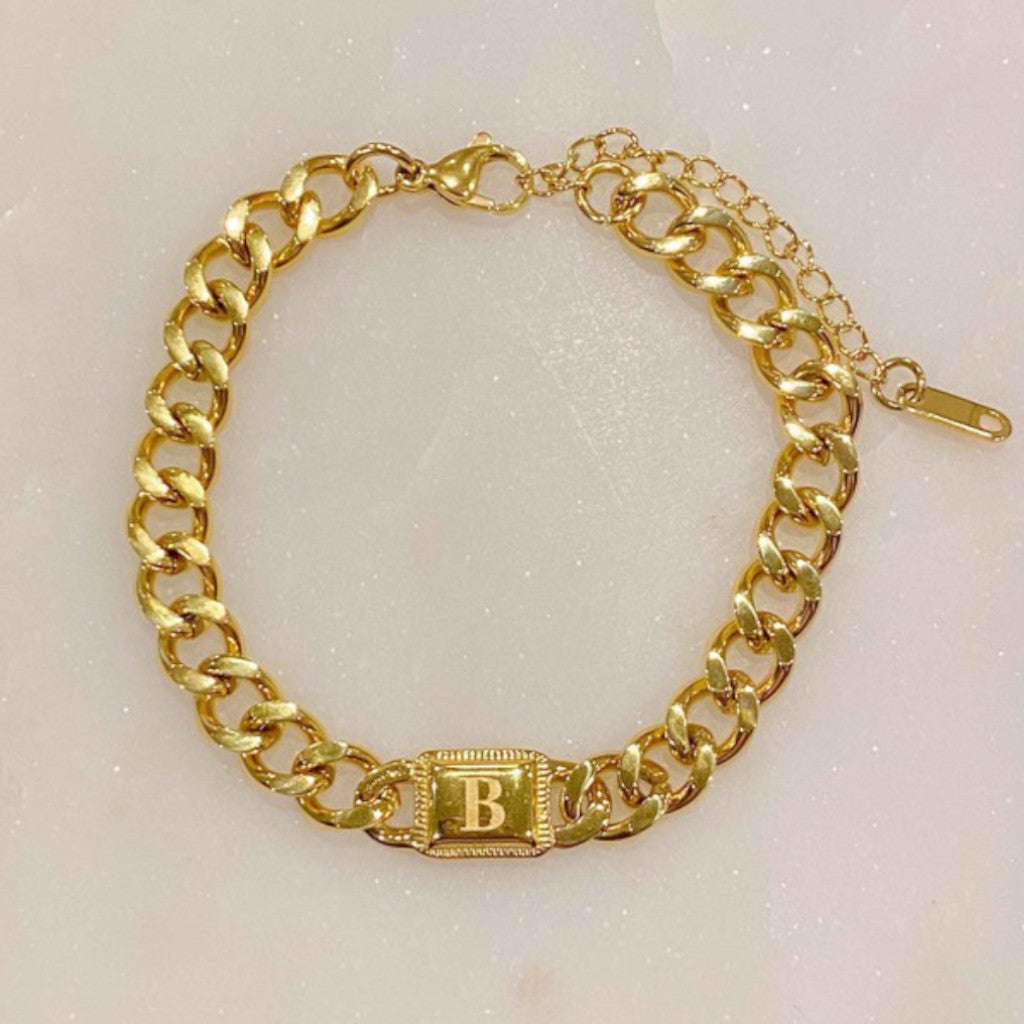 Gold Cuban Chain B Initial Bracelet