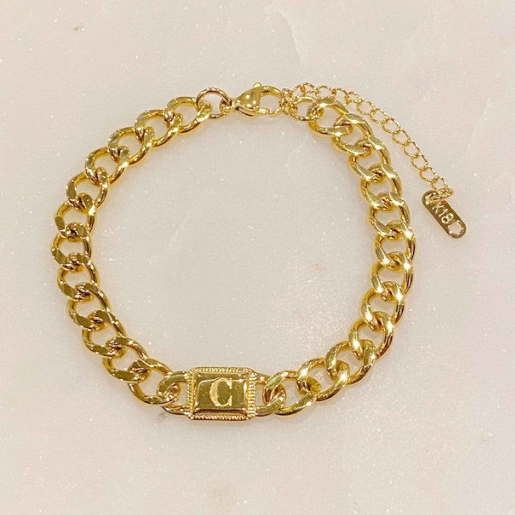 Gold Cuban Chain C Initial Bracelet