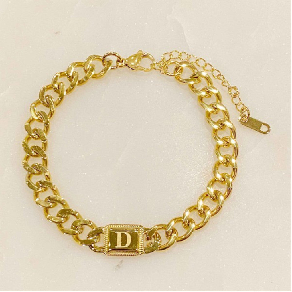 Gold Cuban Chain D Initial Bracelet