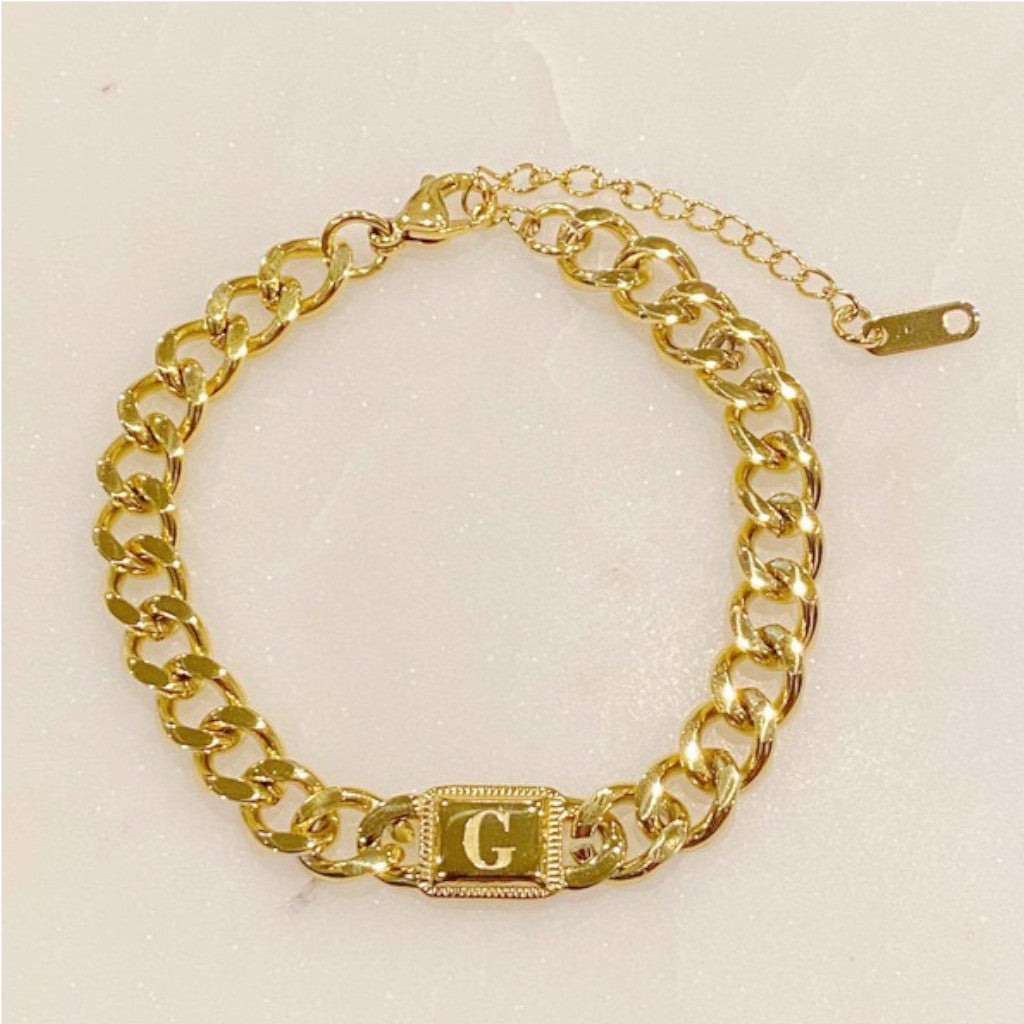 Gold Cuban Chain G Initial Bracelet