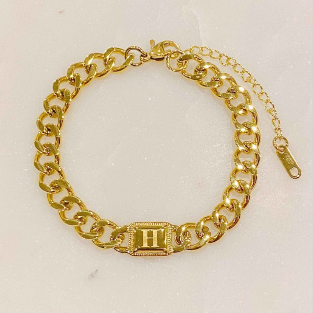 Gold Cuban Chain H Initial Bracelet