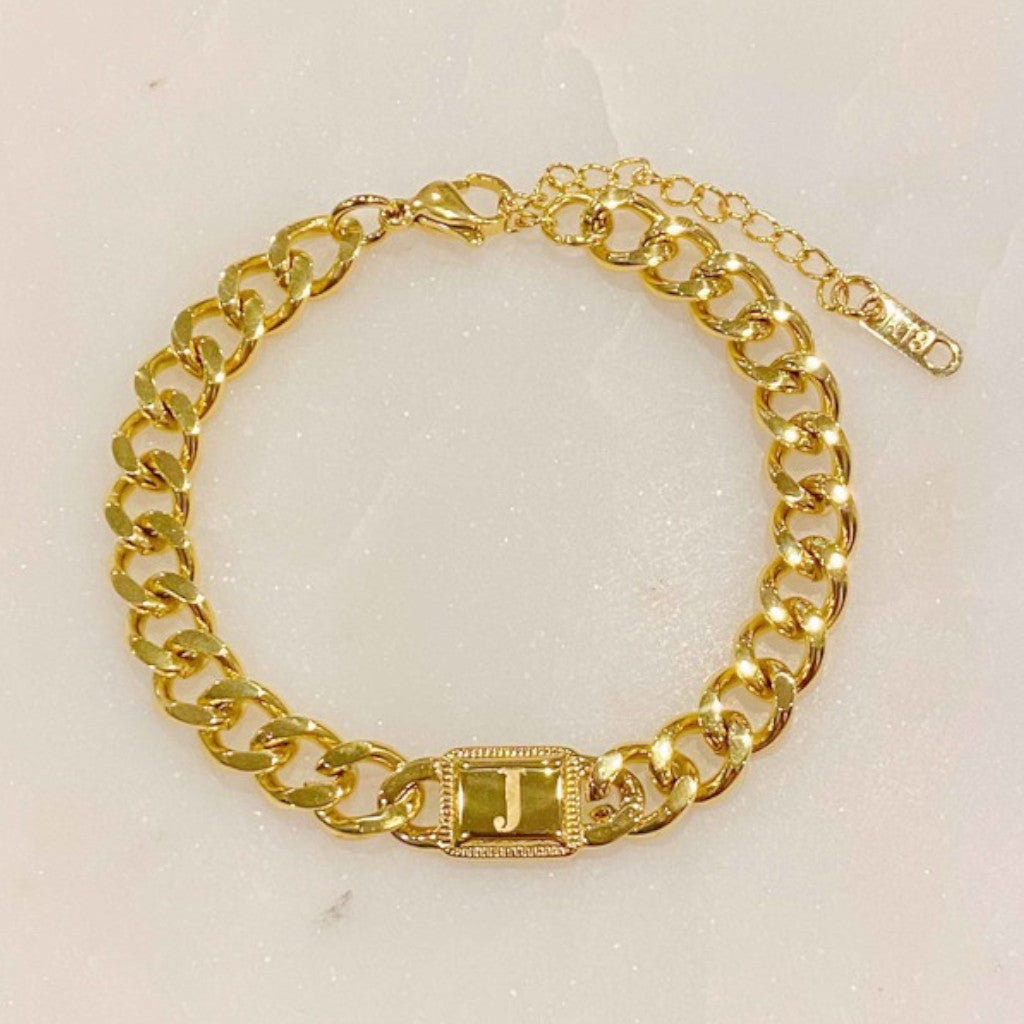 Gold Cuban Chain J Initial Bracelet
