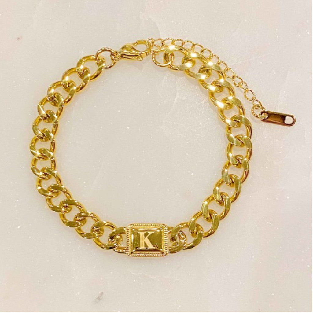 Gold Cuban Chain K Initial Bracelet