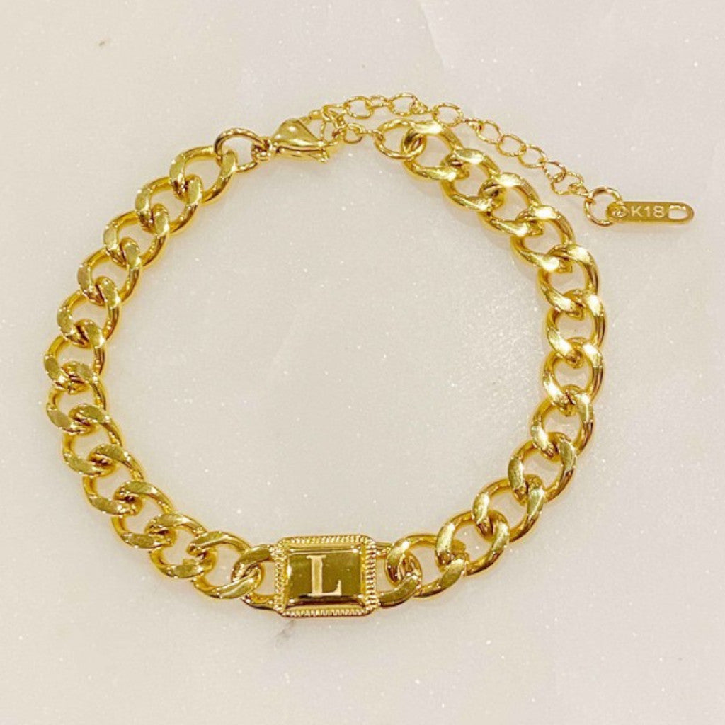 Gold Cuban Chain L Initial Bracelet