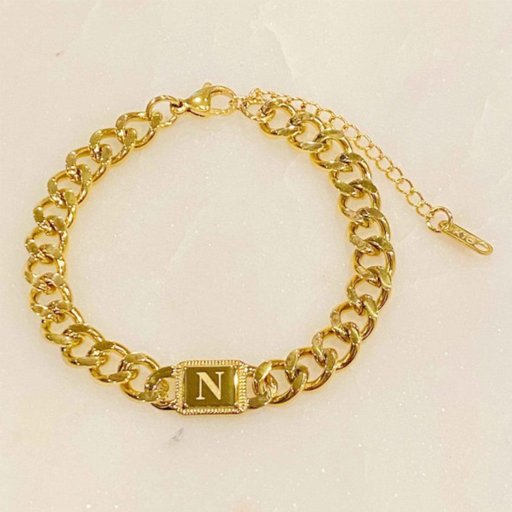Gold Cuban Chain N Initial Bracelet