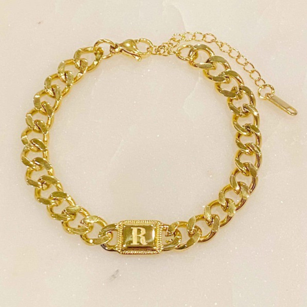 Gold Cuban Chain R Initial Bracelet