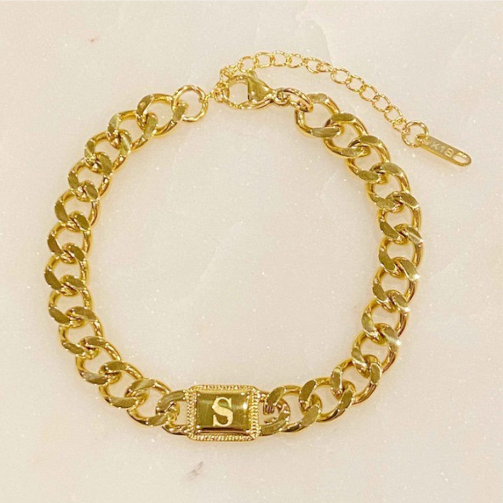 Gold Cuban Chain S Initial Bracelet