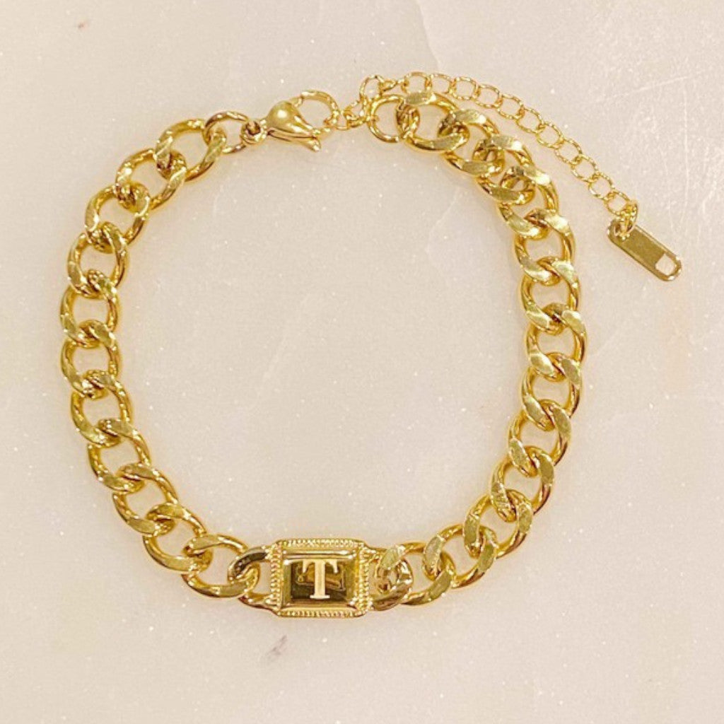 Gold Cuban Chain T Initial Bracelet