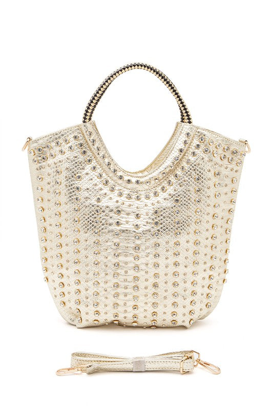 Gold Crystal Studs Embellished Top Handle Tote Bag Front view