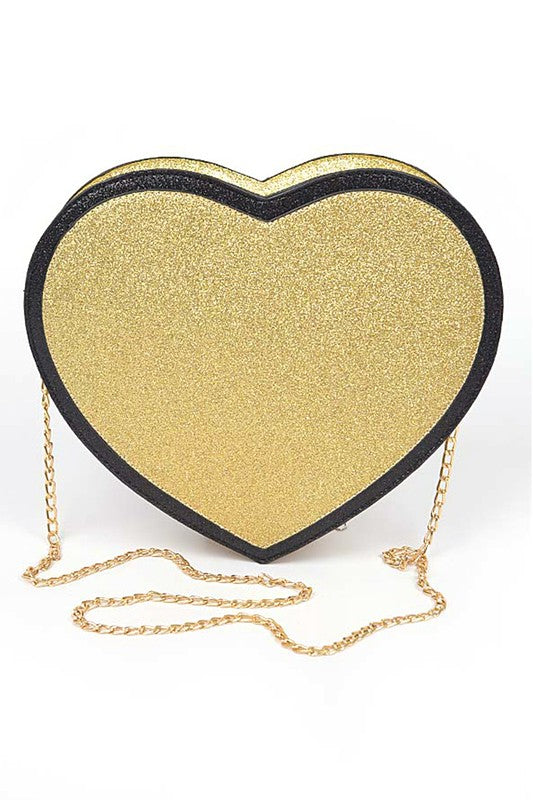 Gold Glitter Heart Shape Novelty Crossbody Bag Front view