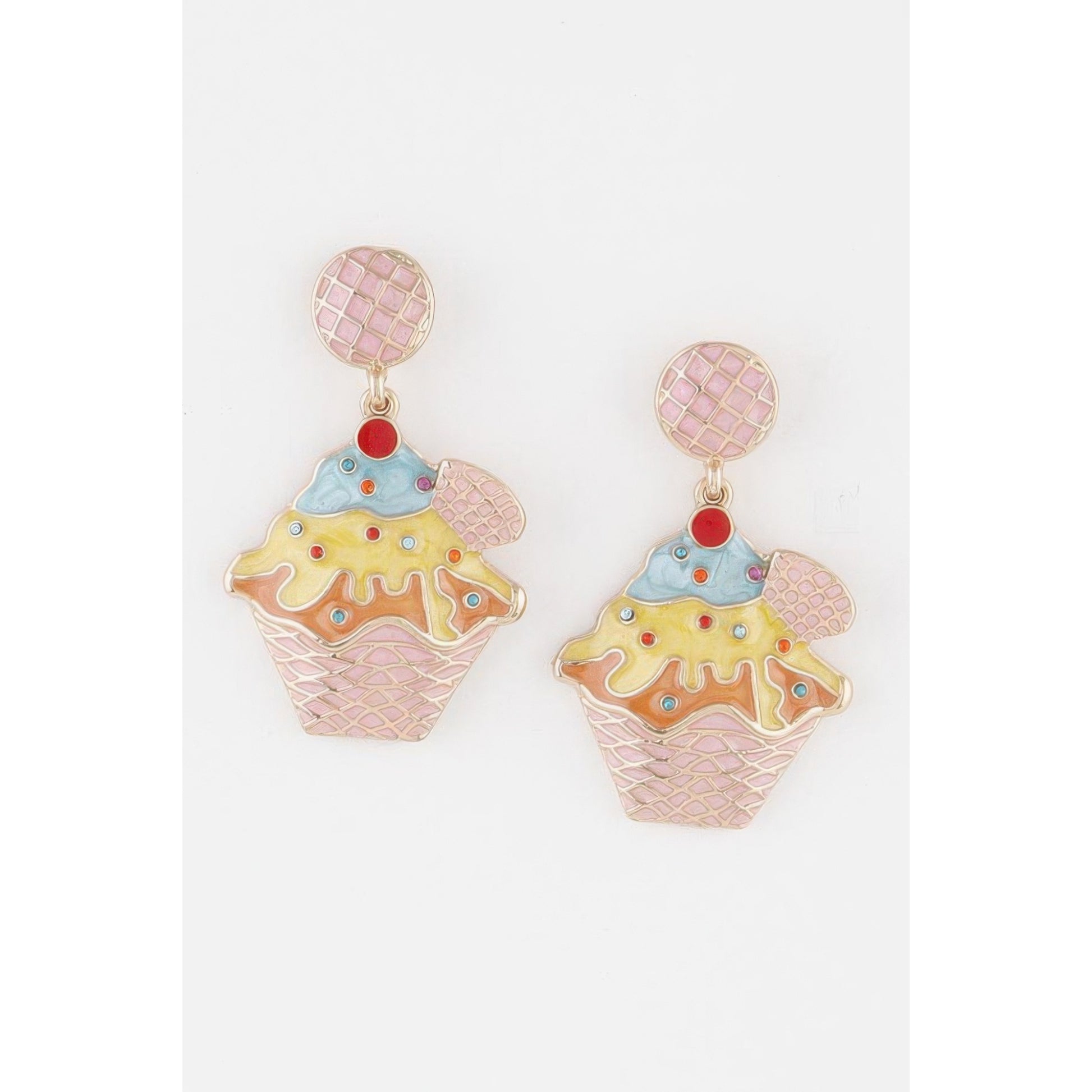 A pair of cupcake-shaped drop earrings with pink textured tops, yellow frosting, blue frosting, and small red and blue decorative accents, shown on a plain white background.