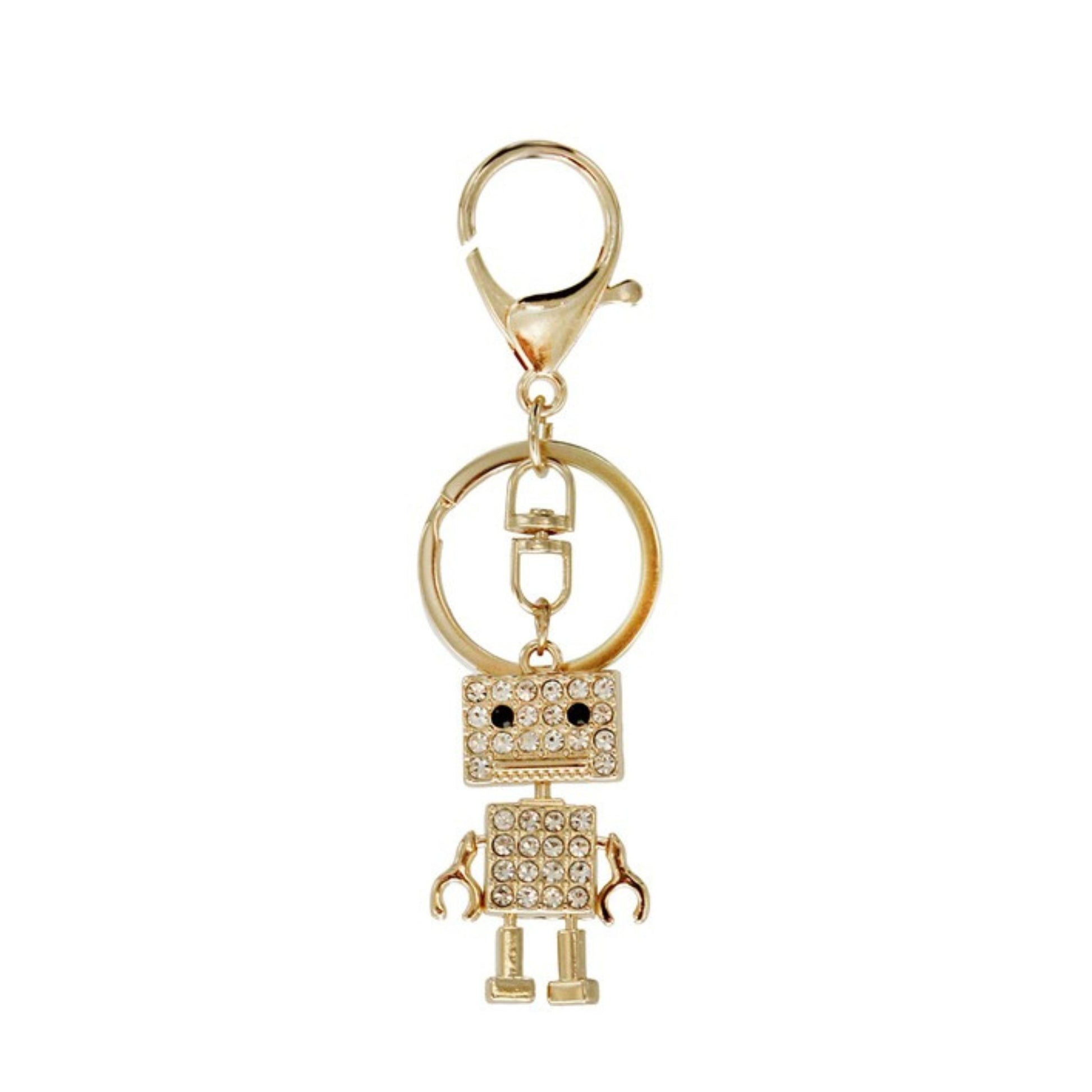 Gold robot keychain with clear gemstones on a white background