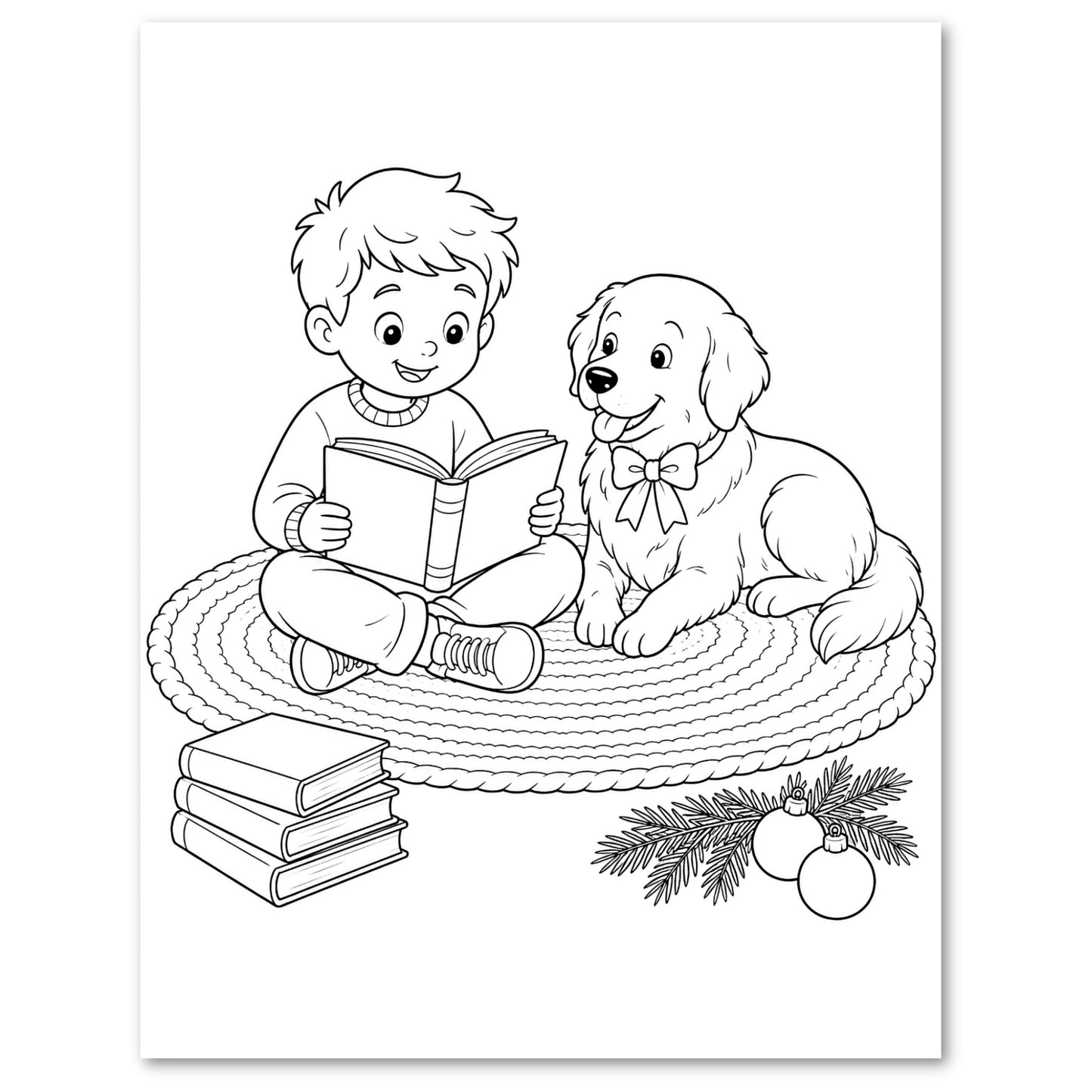 Black and white line art illustration of a boy reading a book to a golden retriever dog on a woven rug, with books and pine branches nearby, shown on a white background.