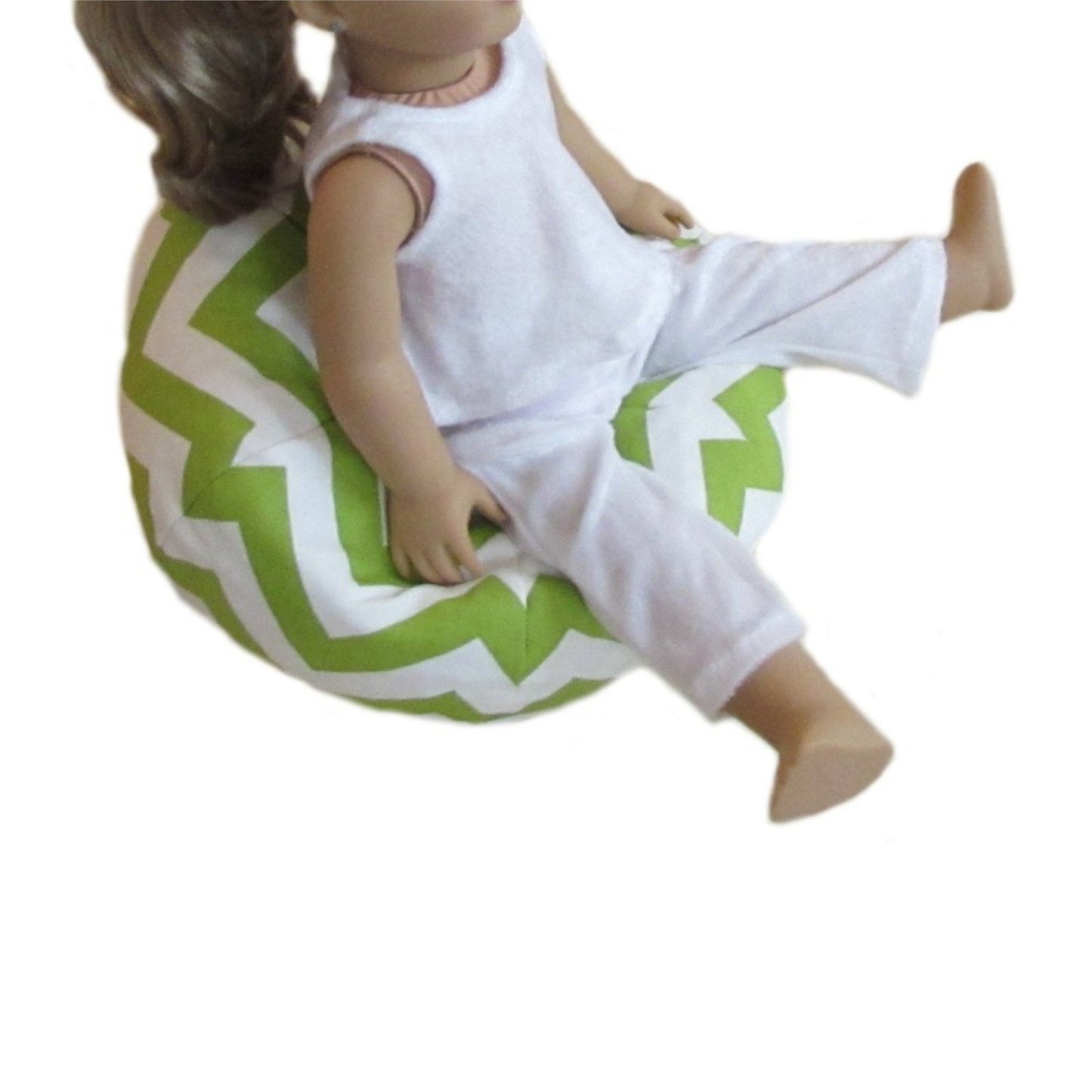 Green Chevron Doll Bean Bag Chair for 18-inch dolls with doll Side view