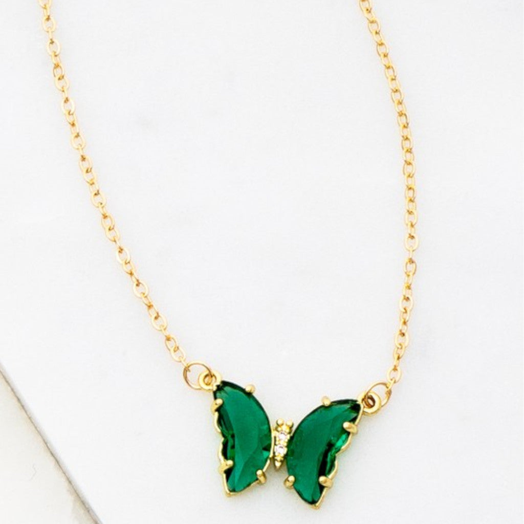 Green Gem Stone Butterfly Pendant Necklace