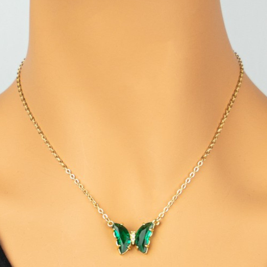 Green Gem Stone Butterfly Pendant Necklaces on woman