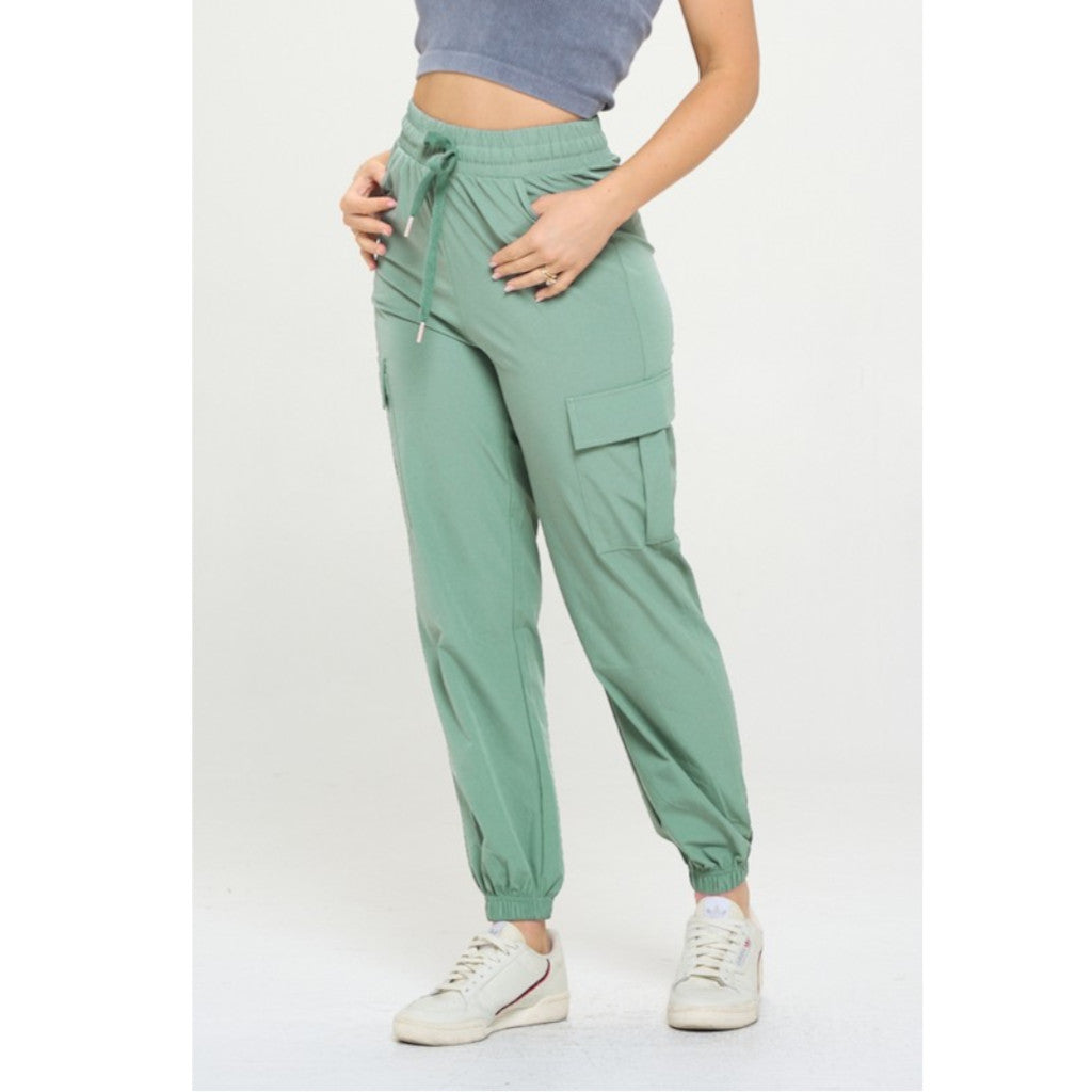 Green Spring Women's Cargo Joggers Lightweight Quick Dry Pants on model side view
